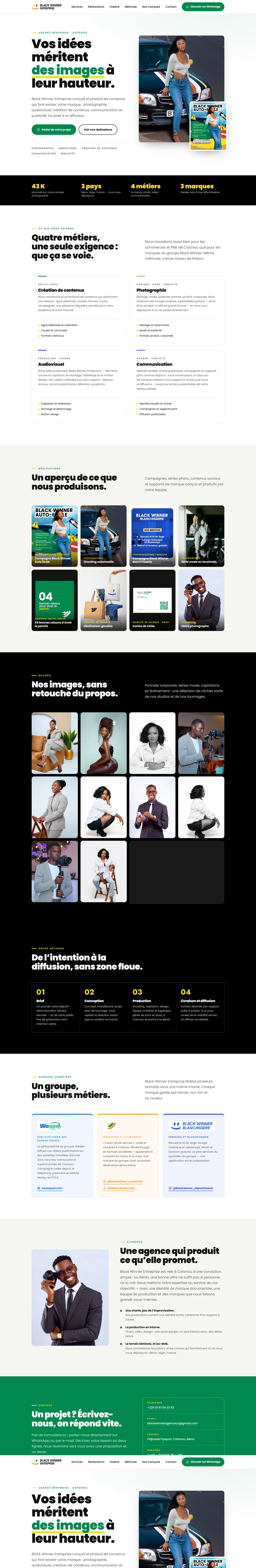 Page complète : services, réalisations, galerie, méthode, marques et contact