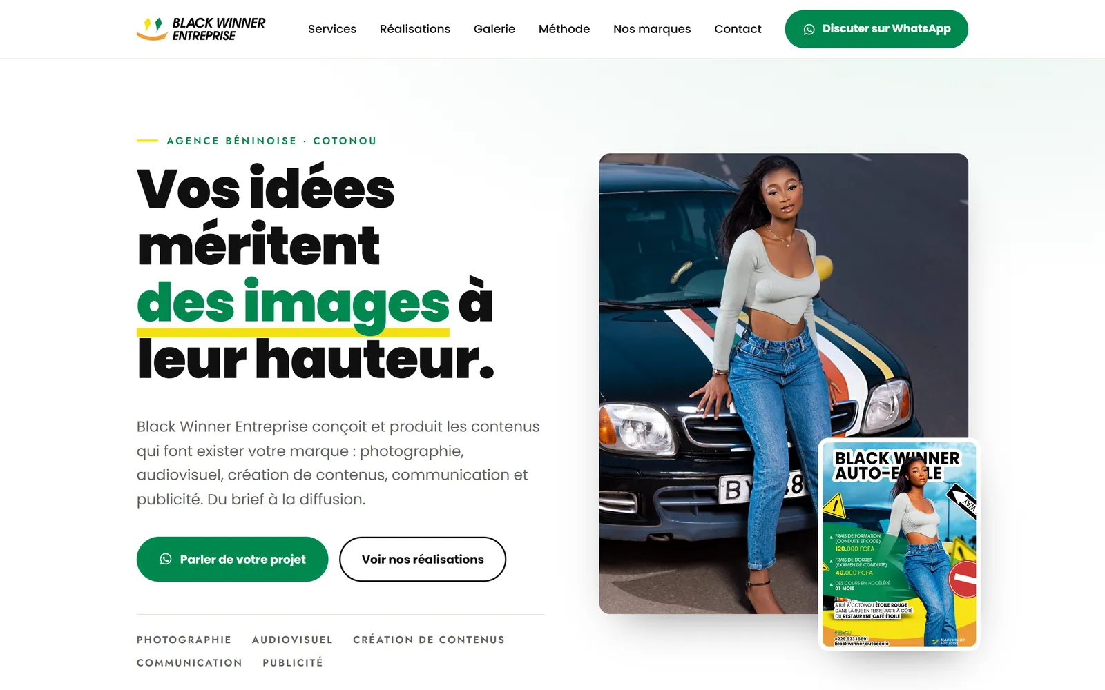 Page d'accueil : promesse de l'agence, quatre métiers et accès direct aux réalisations