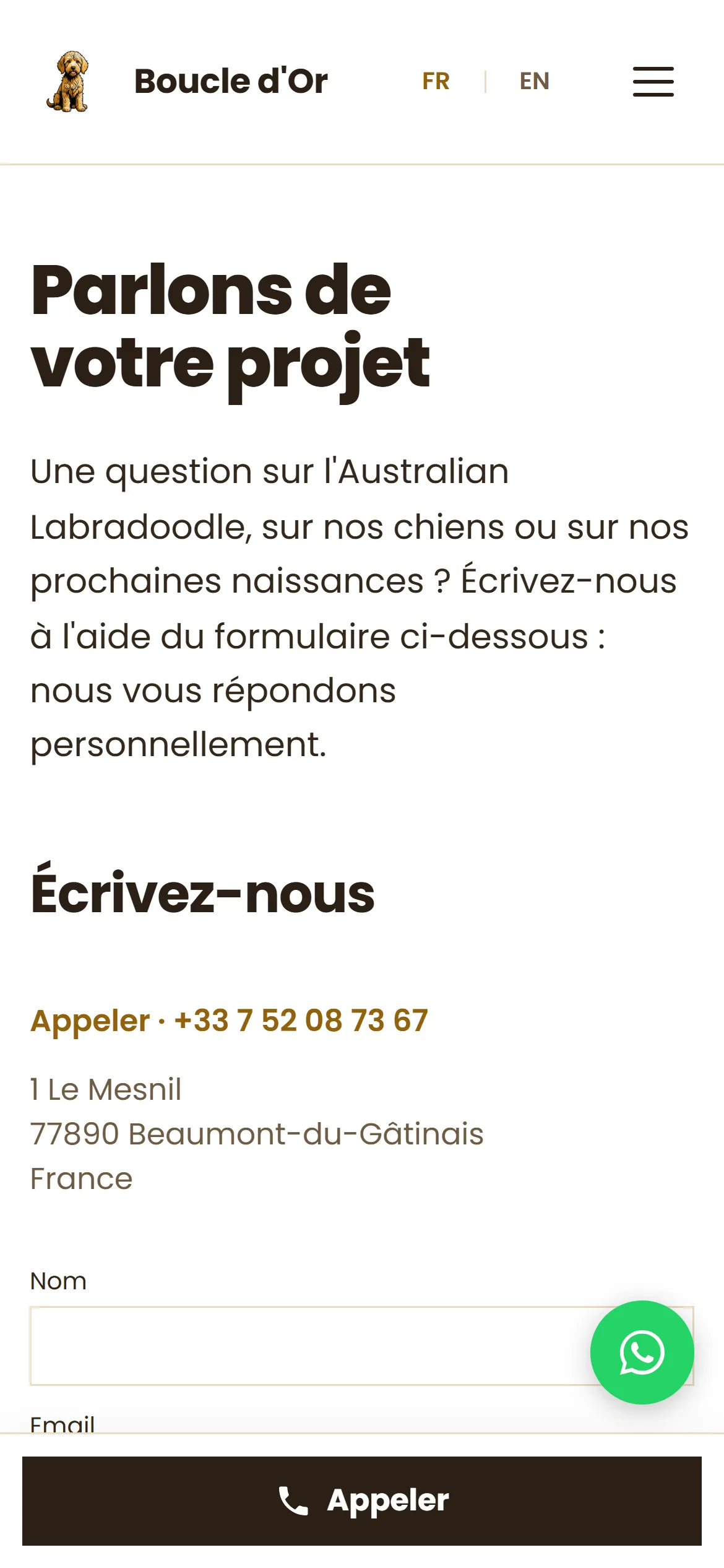 Refonte 2026, page de contact sur téléphone