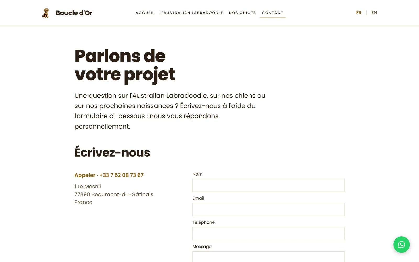 Refonte 2026 : page de contact : formulaire, appel, adresse et conditions de visite