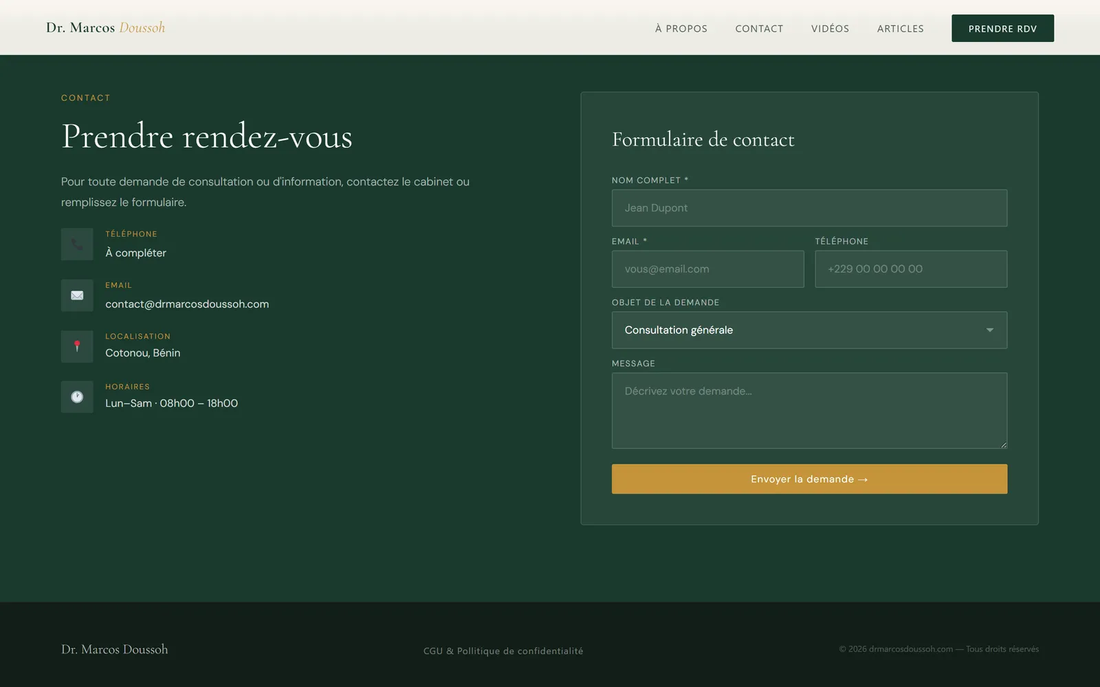 Contact : coordonnées du cabinet et formulaire de prise de rendez-vous