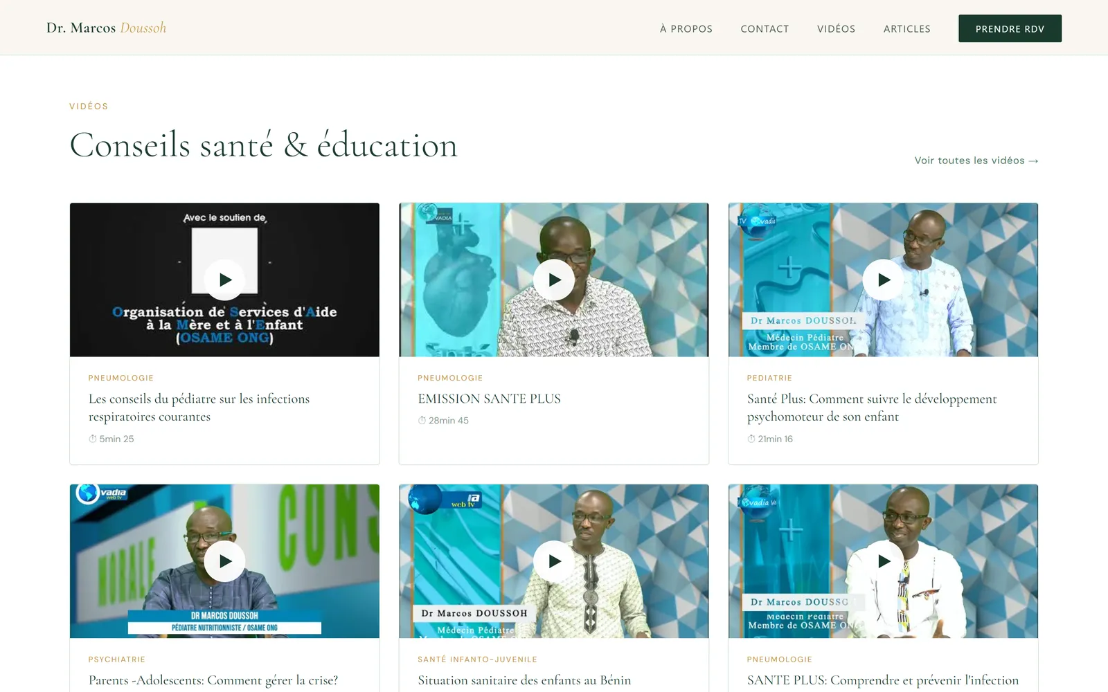 Bibliothèque vidéo classée par spécialité : pédiatrie, pneumologie, psychiatrie