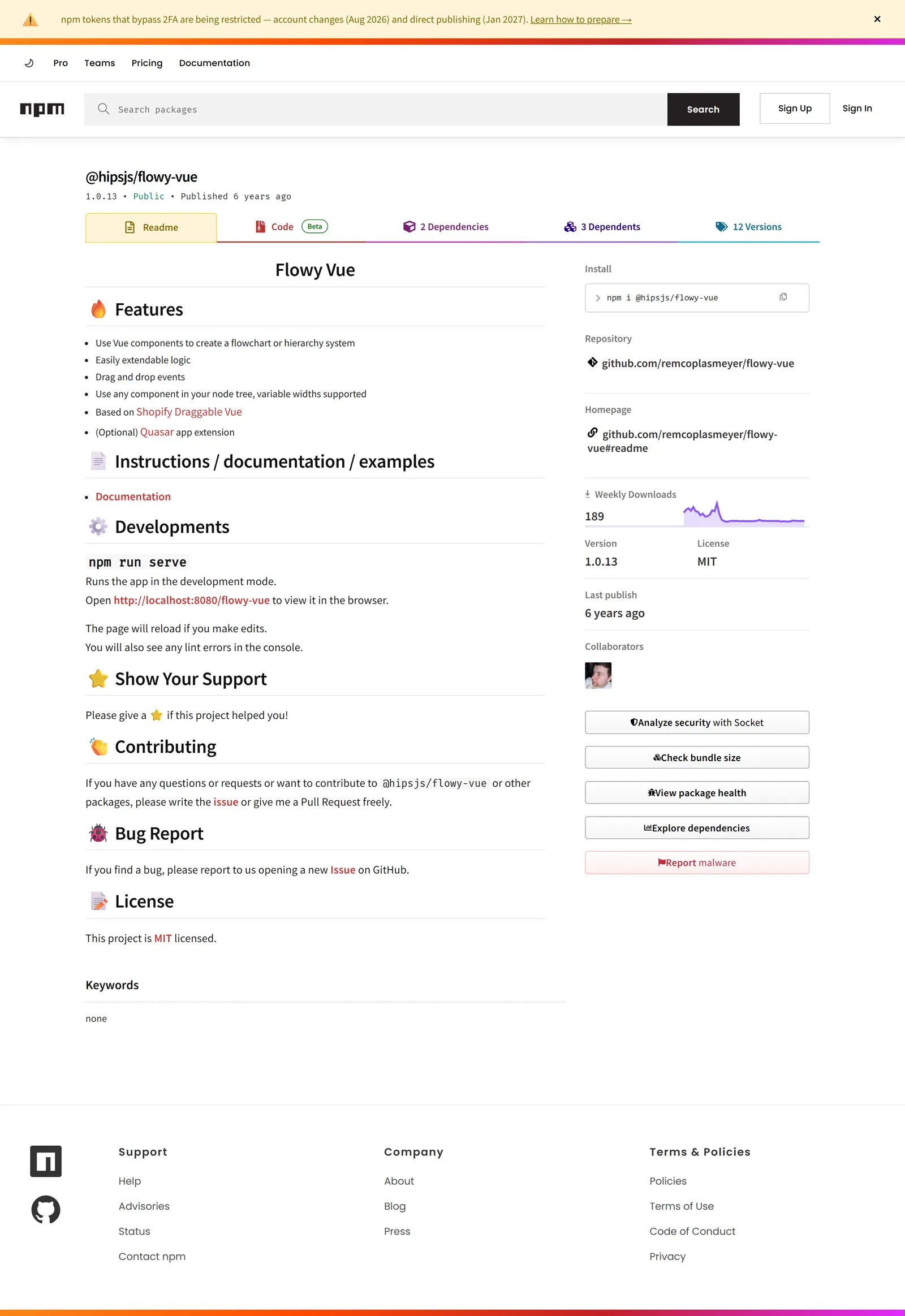 La fiche npm dans son intégralité