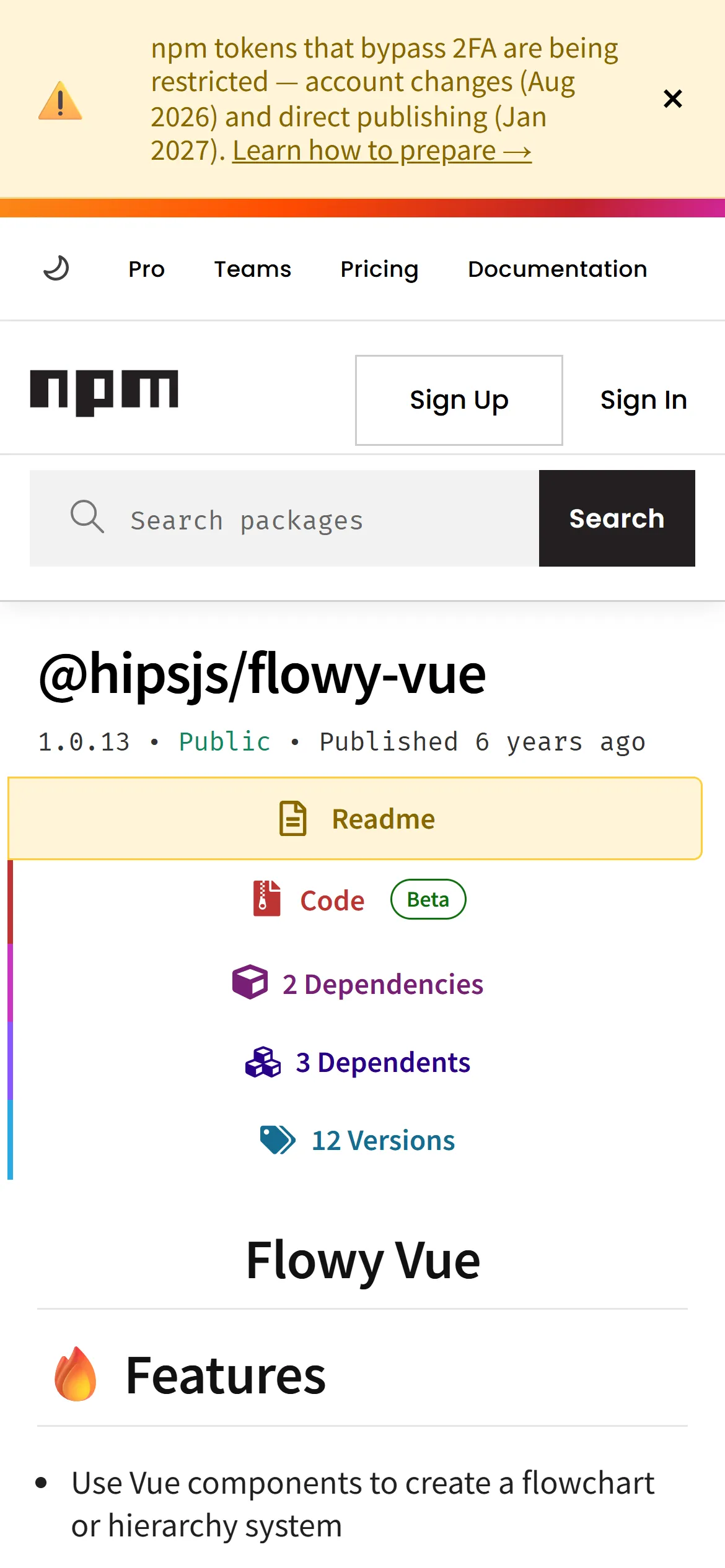 La fiche npm sur téléphone