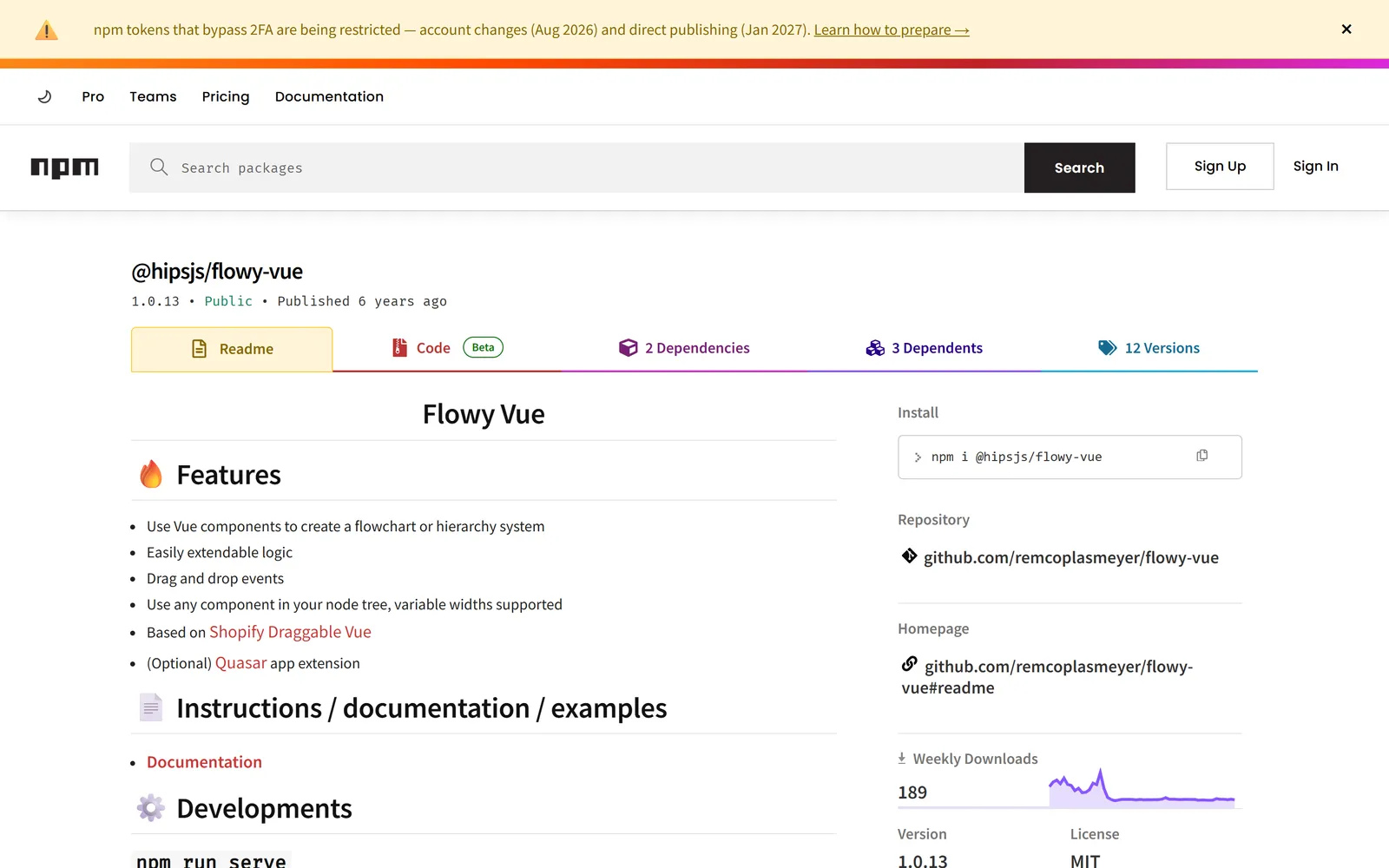 La fiche du paquet @hipsjs/flowy-vue sur npm
