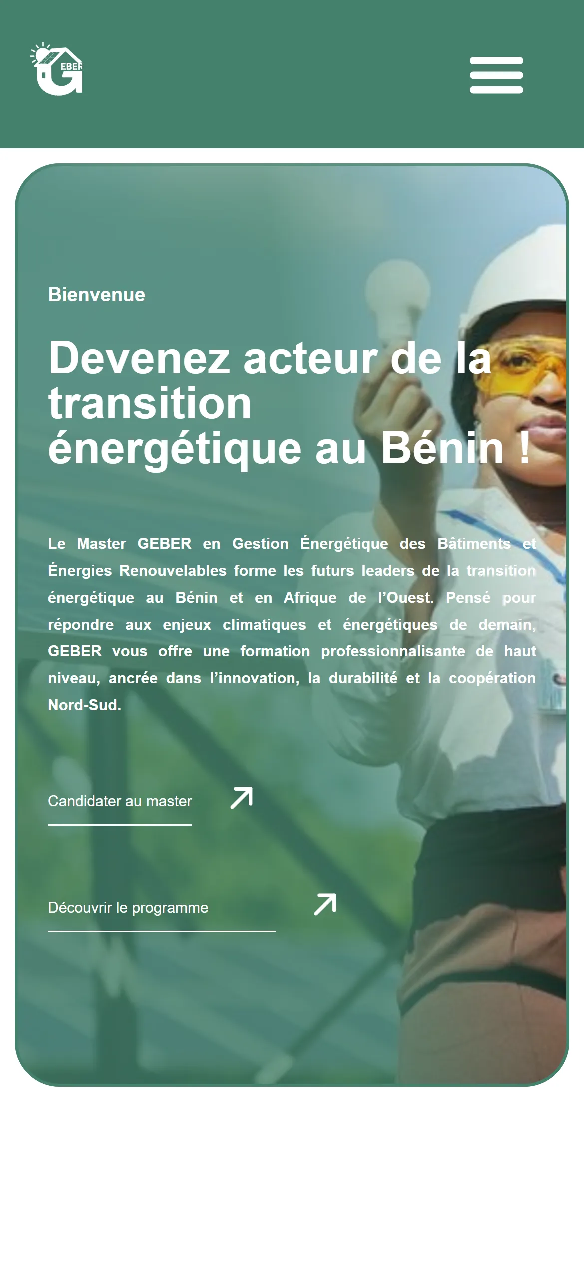Accueil sur mobile, navigation repliée et sections empilées
