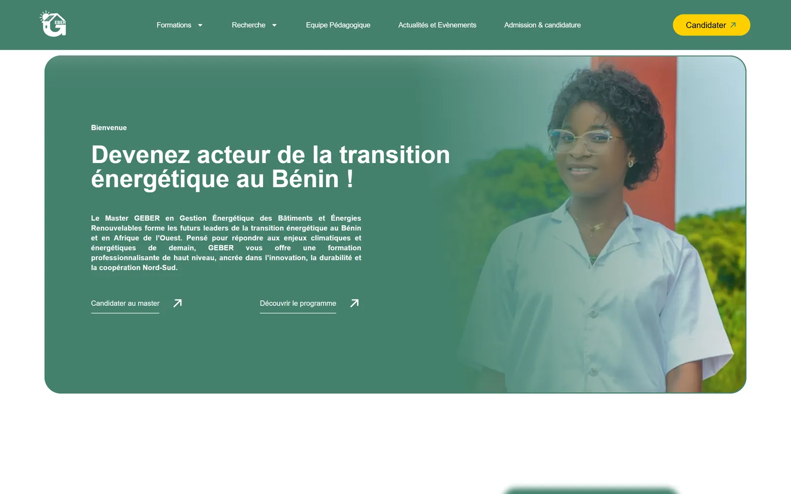 Page d'accueil du Projet GEBER, présentation du programme et accès aux formations