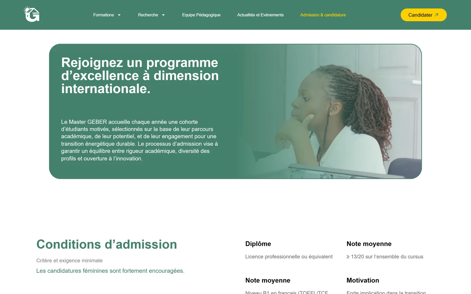 Page admission, critères d'éligibilité, calendrier et pièces à fournir