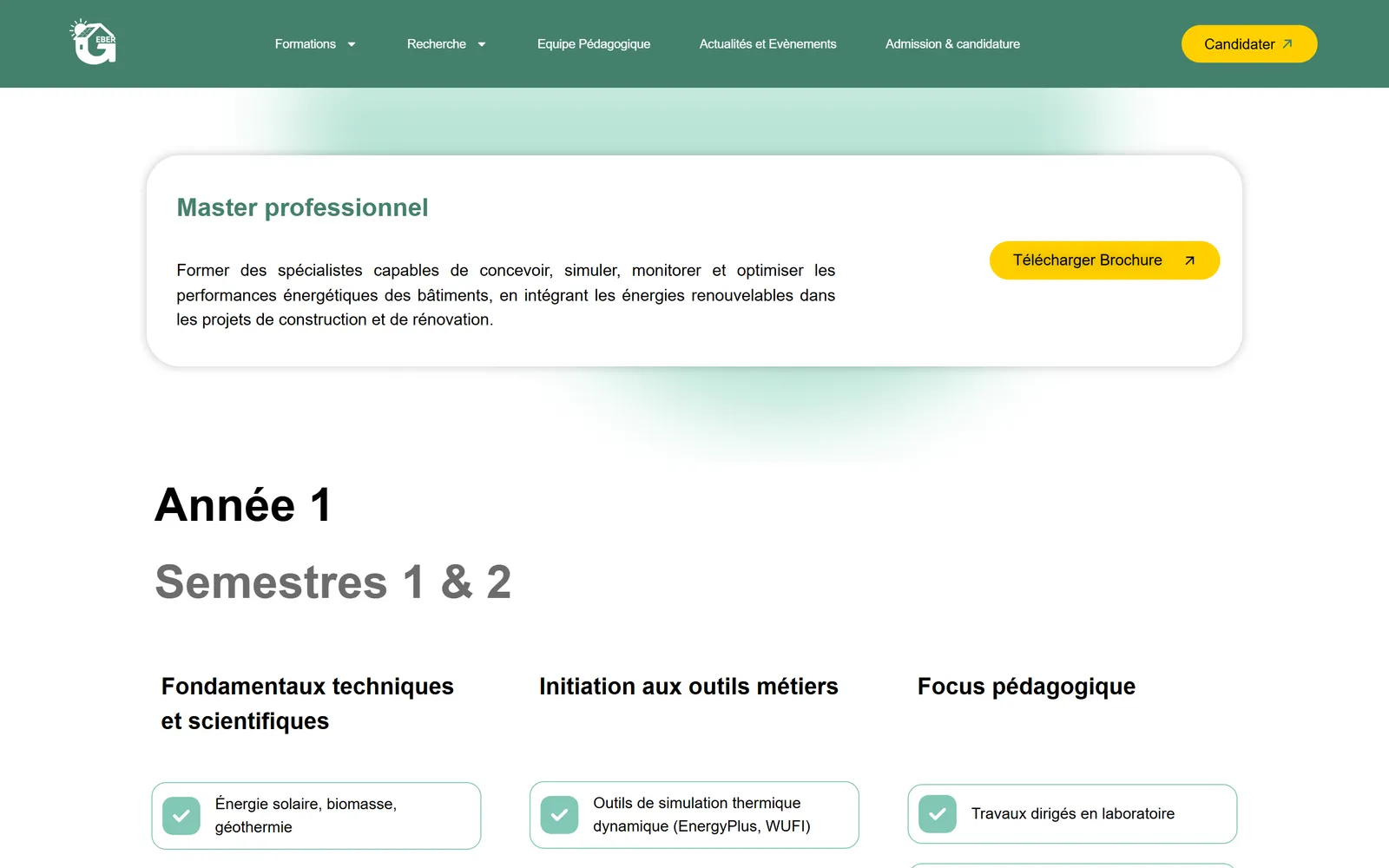 Page du master professionnel, 120 crédits ECTS sur quatre semestres
