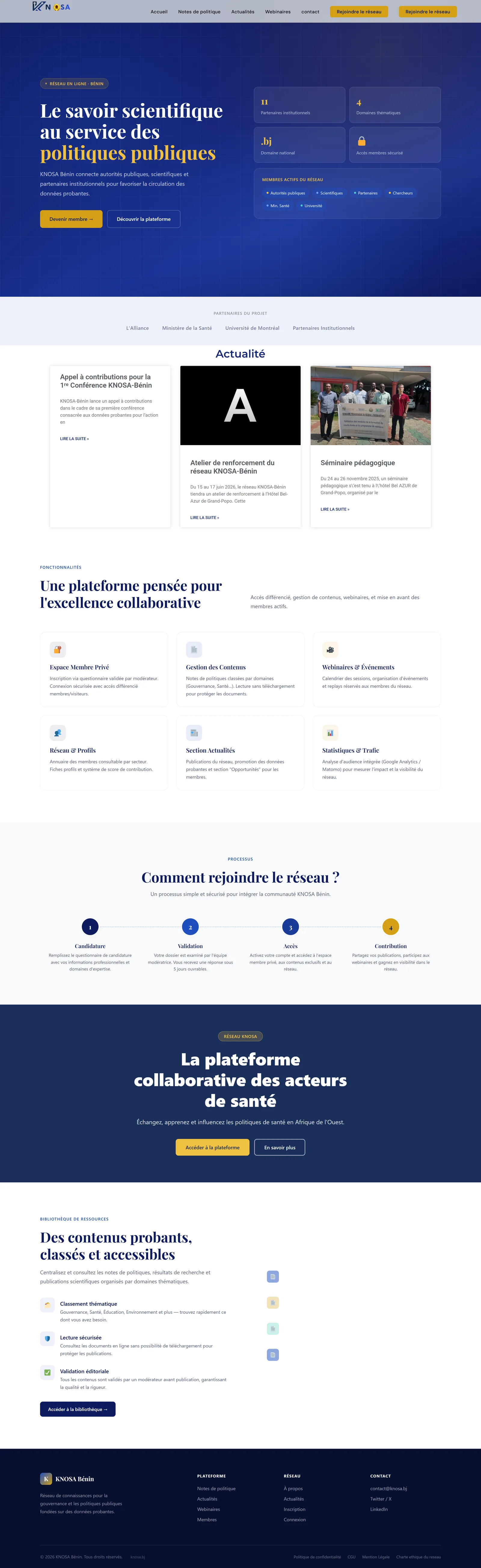 Vue complète de l'accueil : mission, chiffres, catégories de membres, actualités et accès à la plateforme