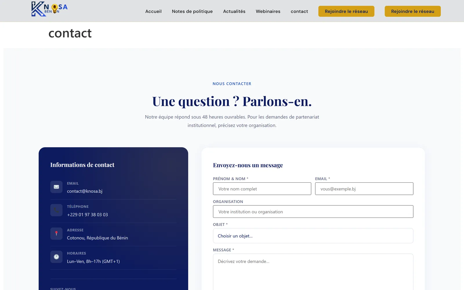 Contact et adhésion : formulaire à objets qualifiés et coordonnées du réseau