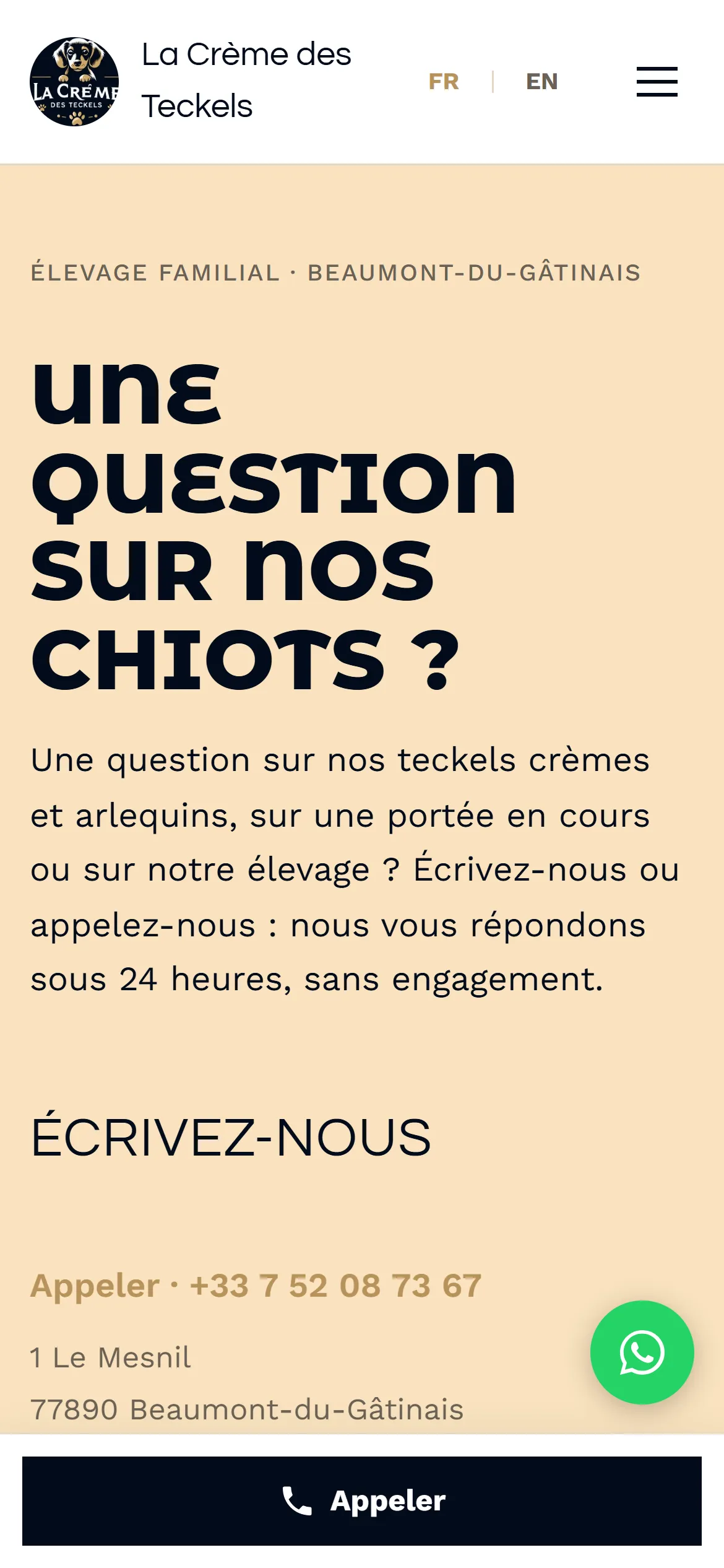 Refonte 2026 : page contact sur téléphone, avec appel direct et WhatsApp