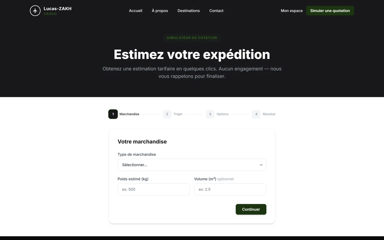 Demande de devis : destination, type de marchandise et options d'expédition