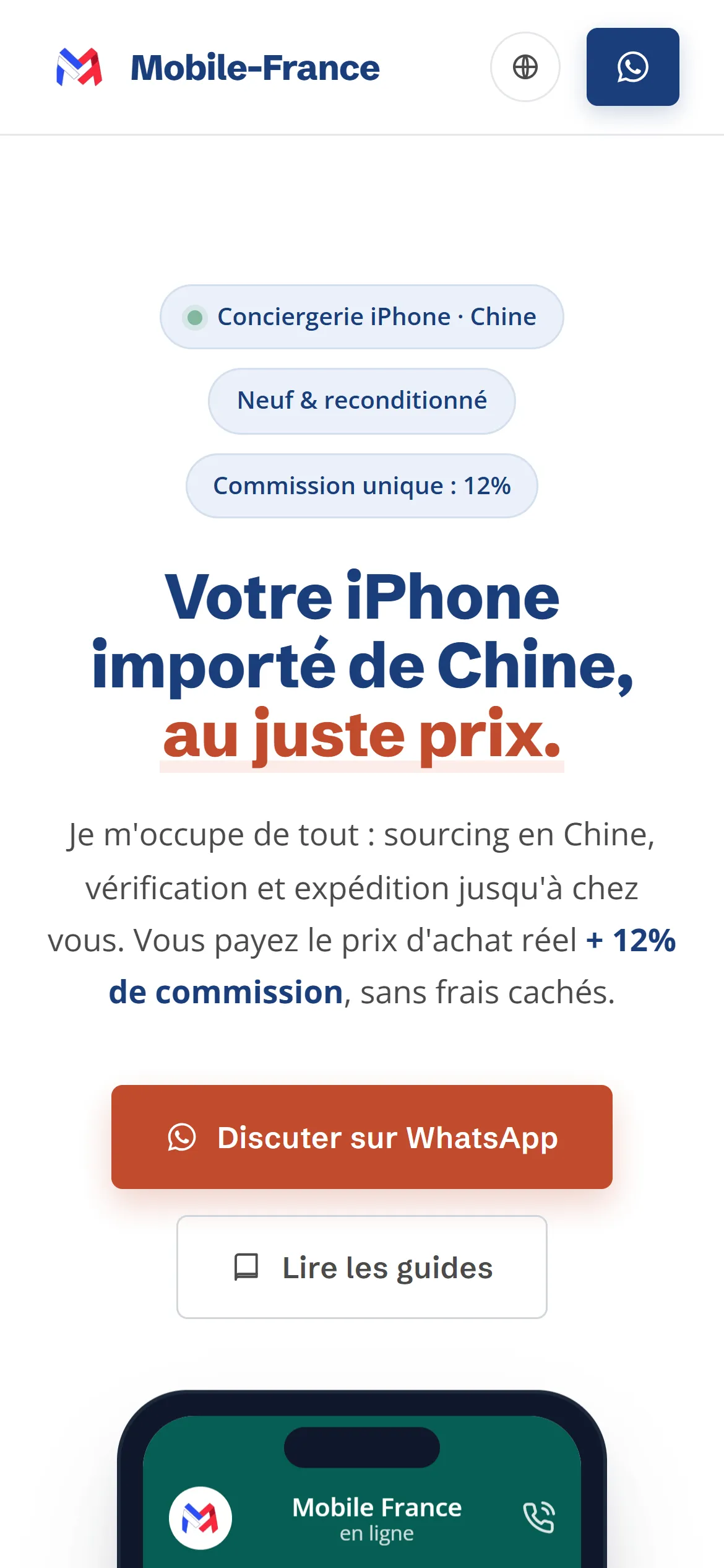 Accueil en version mobile, avec le bandeau WhatsApp permanent