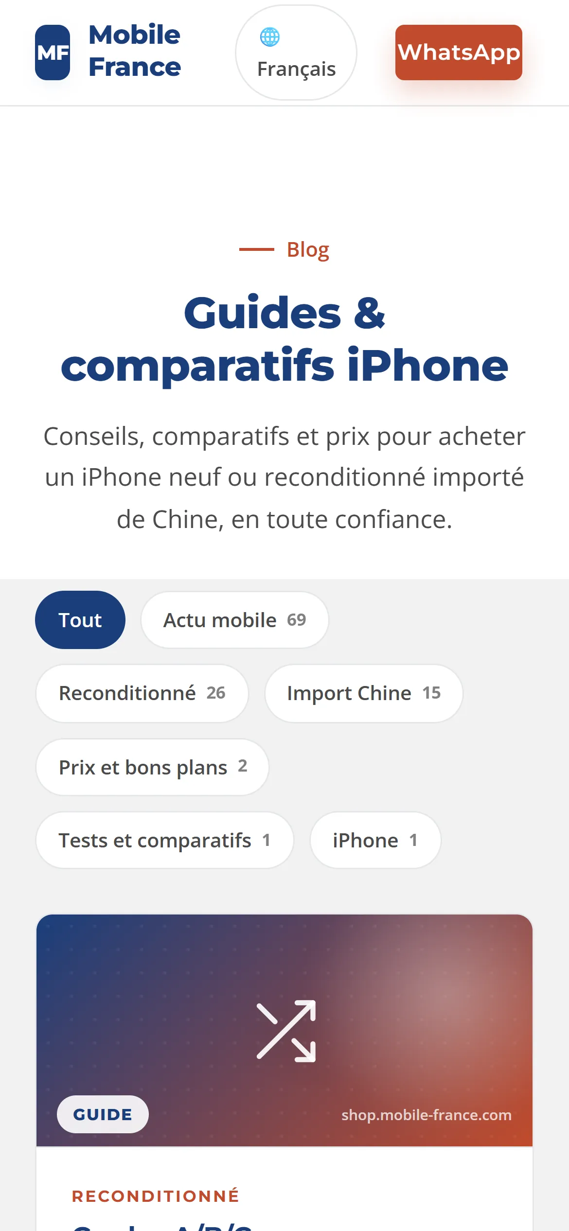 Blog en version mobile, filtres par rubrique en tête de page