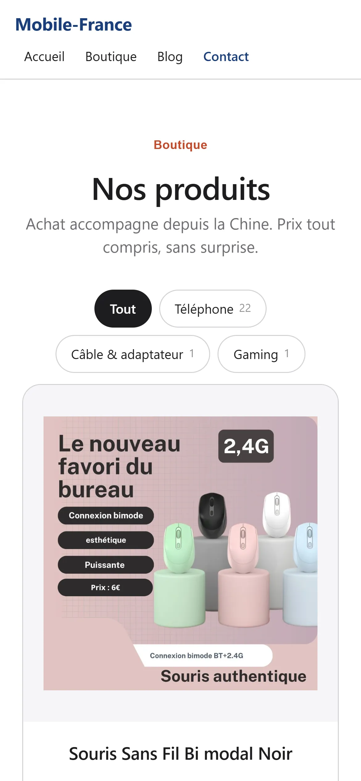 Boutique en version mobile : fiches produits en pleine largeur