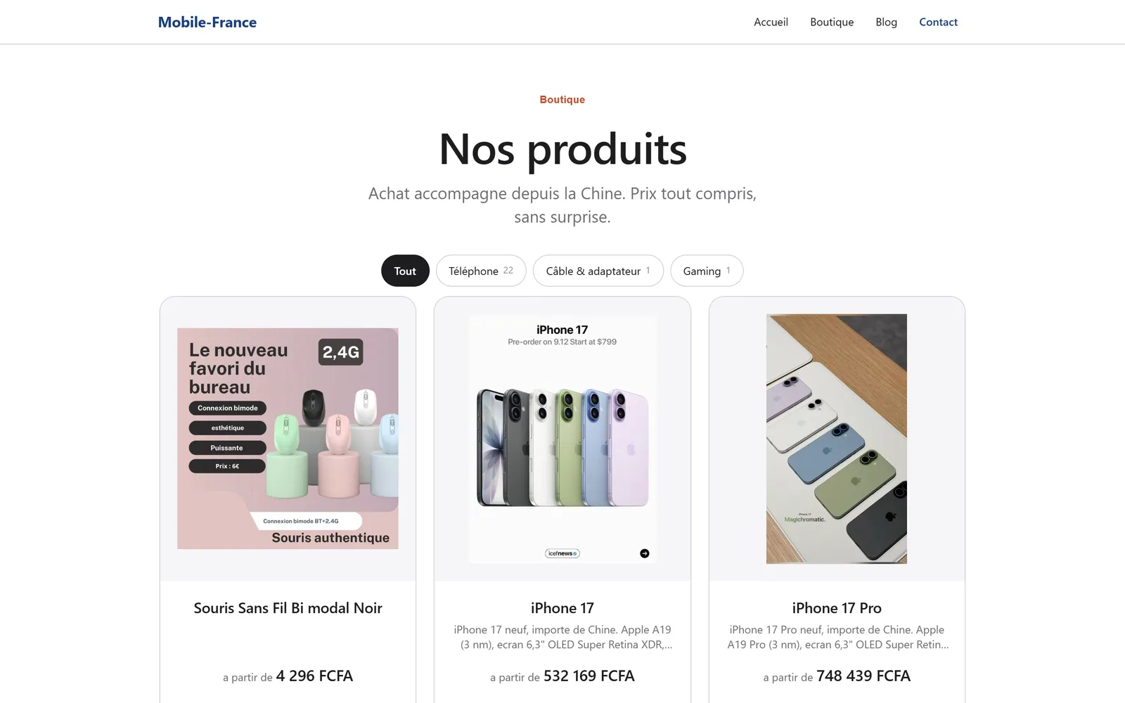 Boutique : catalogue filtrable par catégorie, prix affichés en FCFA