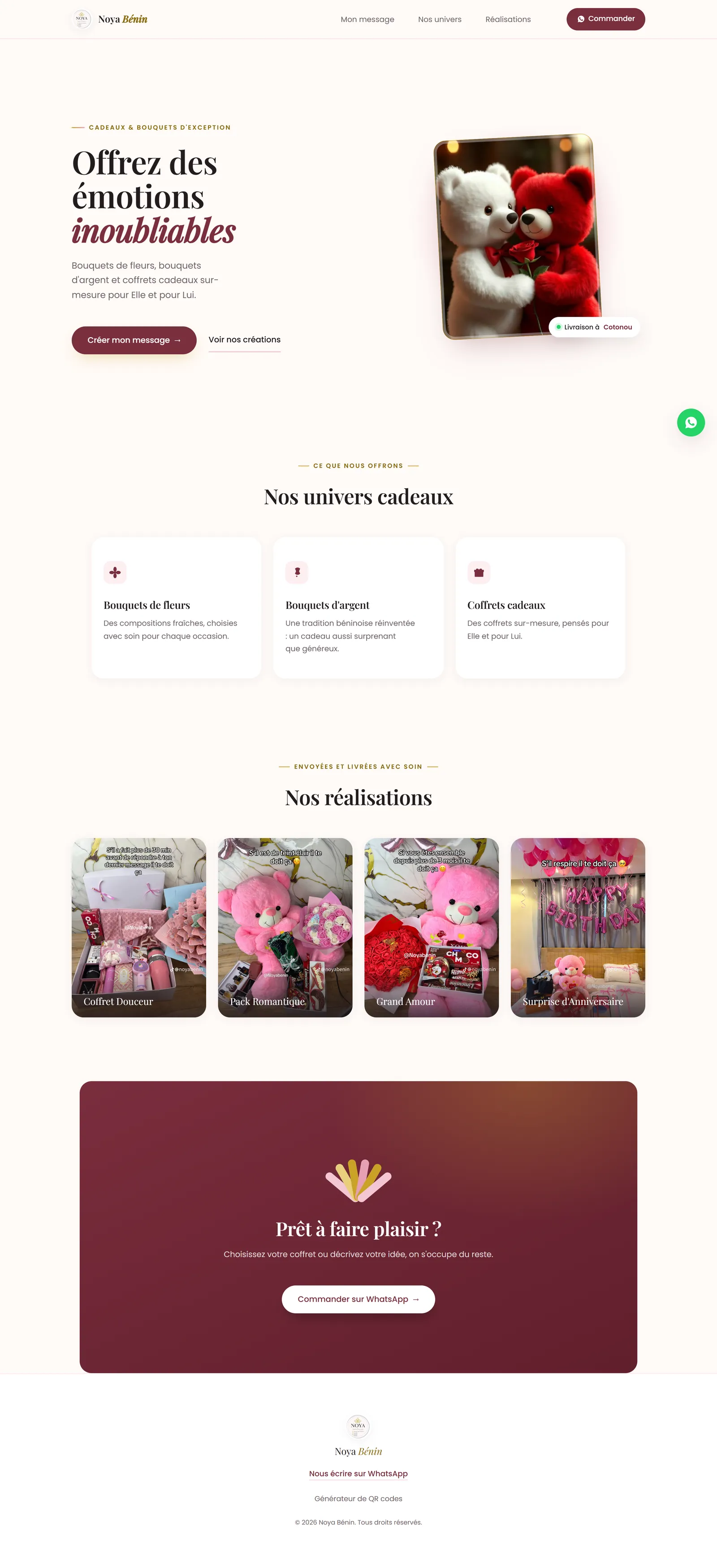 Page d'accueil complète : univers cadeaux, réalisations et bandeau de commande