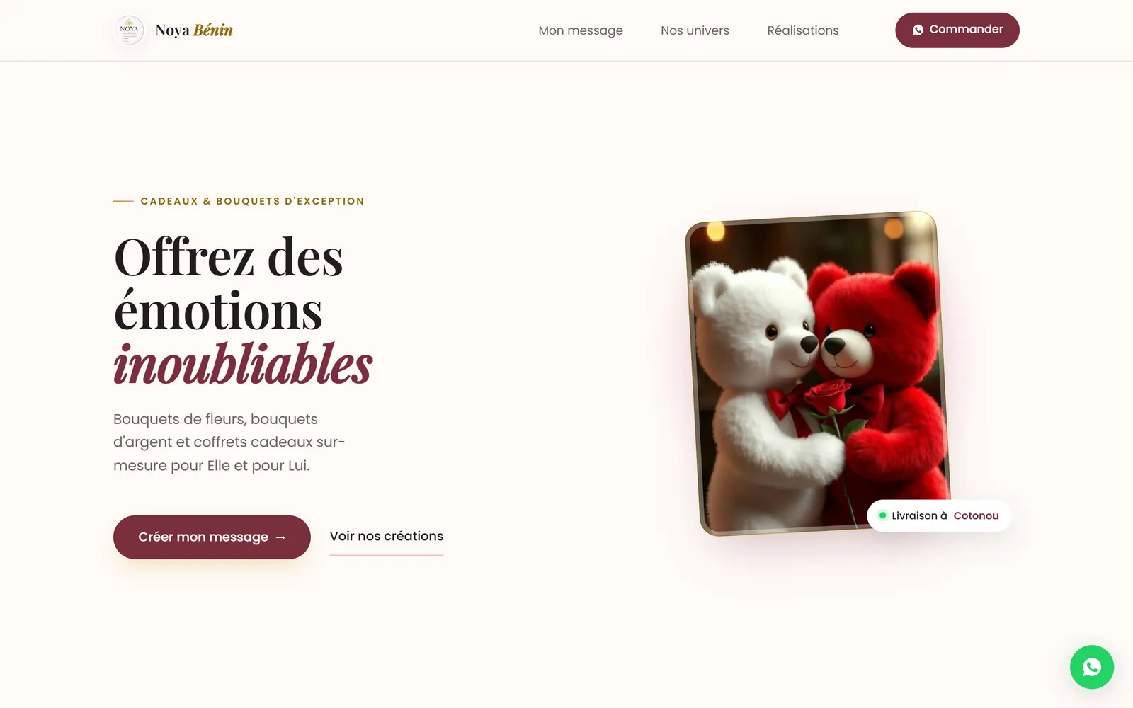 Page d'accueil de Noya Bénin : accroche, visuel produit et commande WhatsApp immédiate
