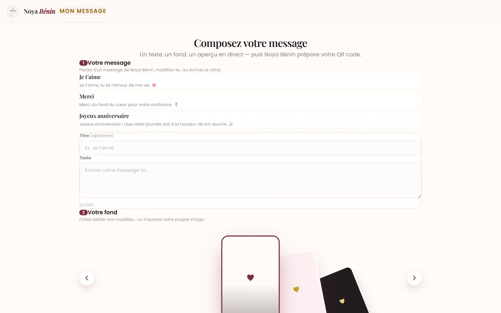 Espace « Mon message » : composition du texte, choix du fond et aperçu en direct