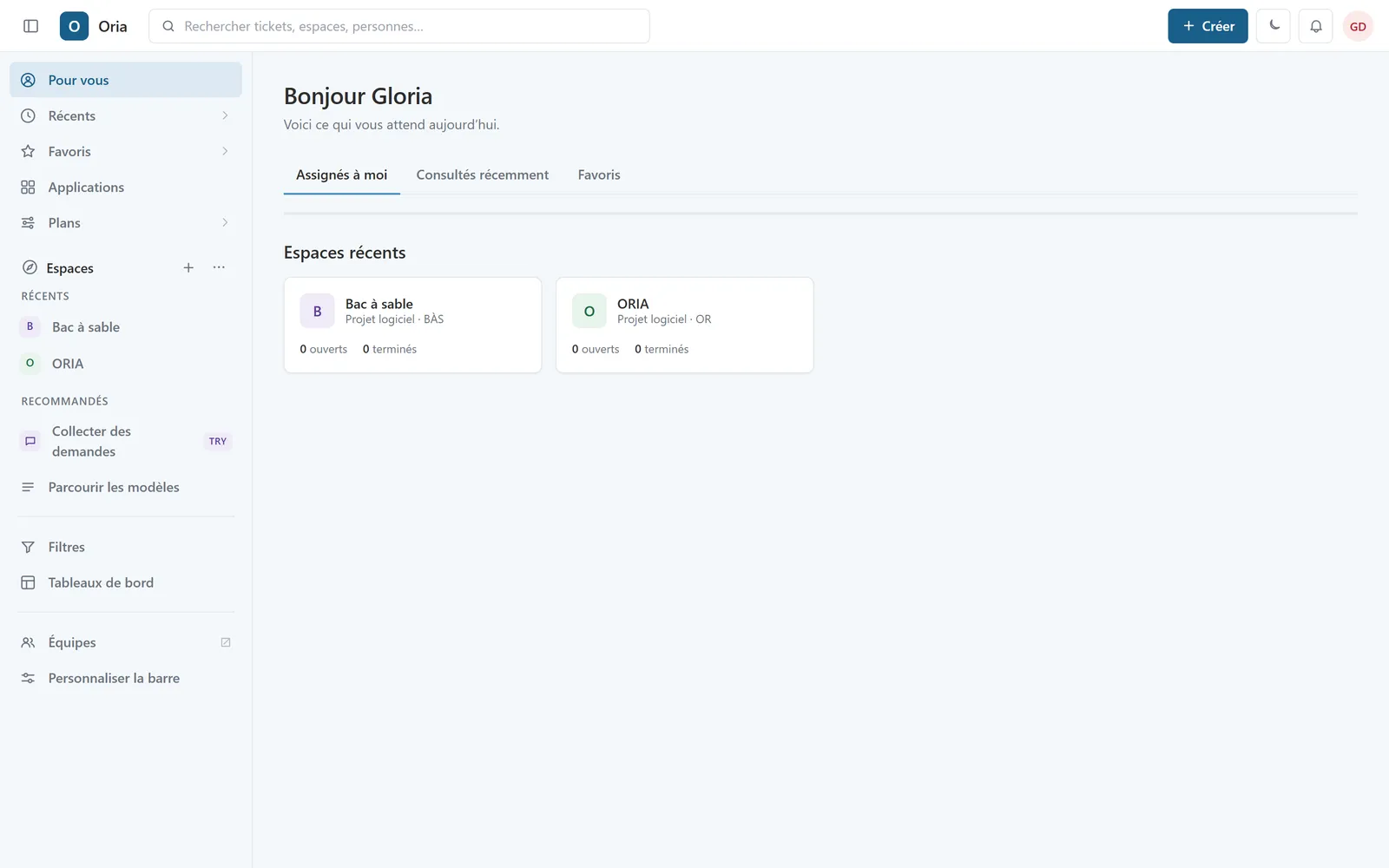 Tableau de bord personnel : ce qui vous est assigné et vos espaces récents