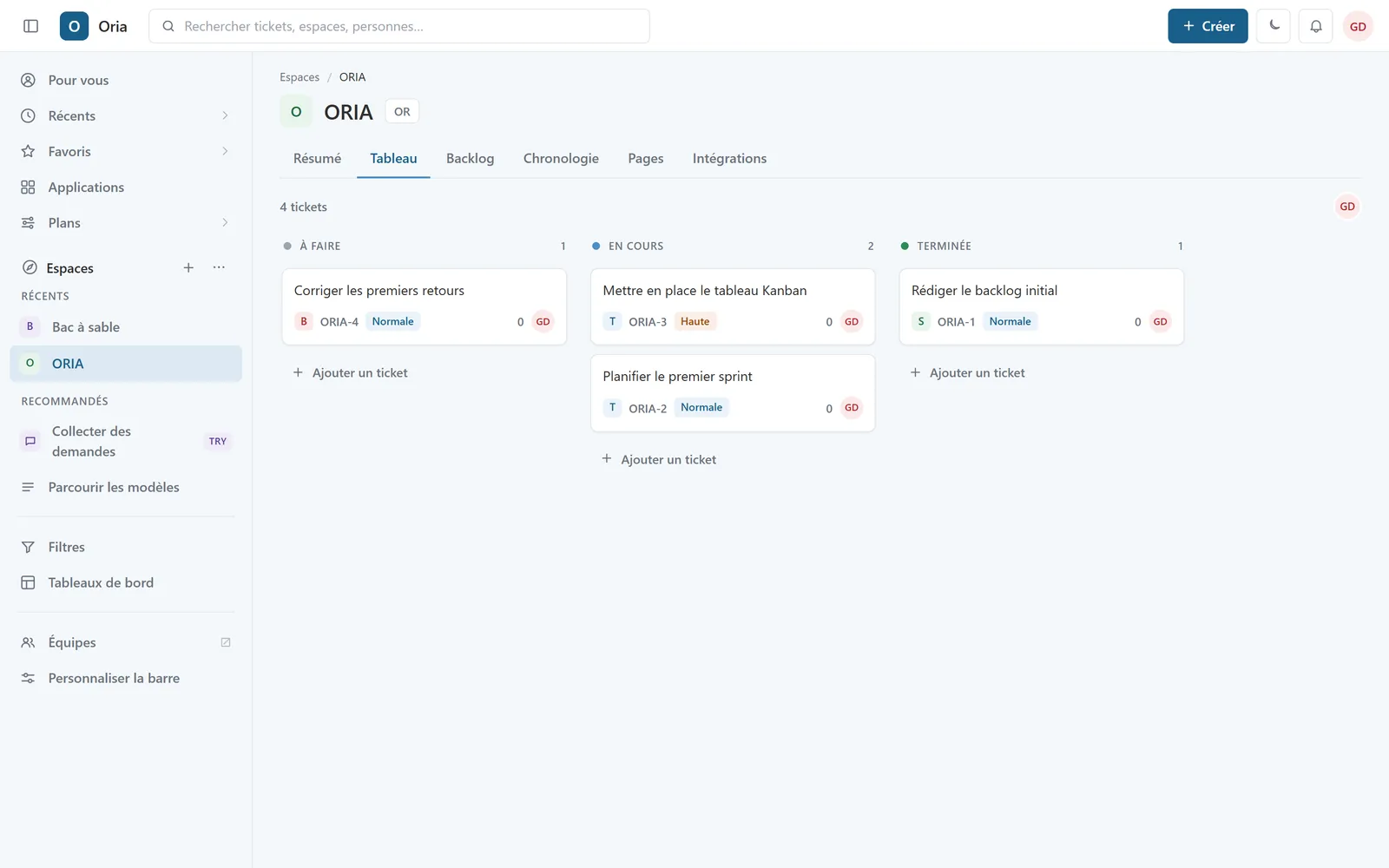 Tableau des tickets d'un espace projet dans Oria