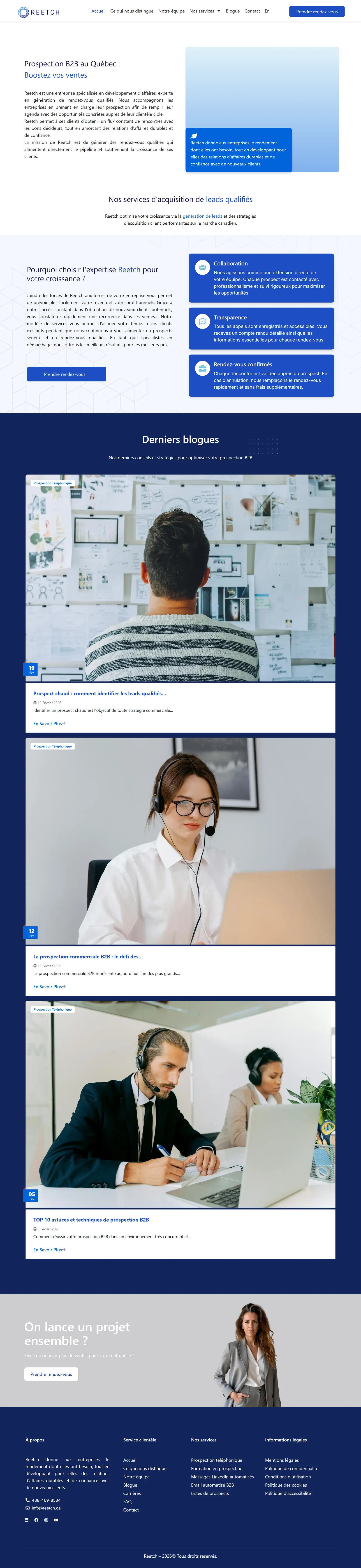 Page d'accueil déroulée sur toute sa hauteur : arguments, offres, avis Google et articles de blogue.