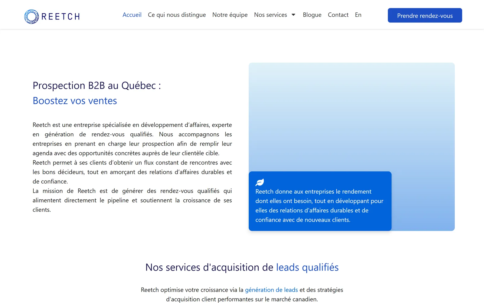 Page d'accueil de Reetch : promesse et présentation de l'activité