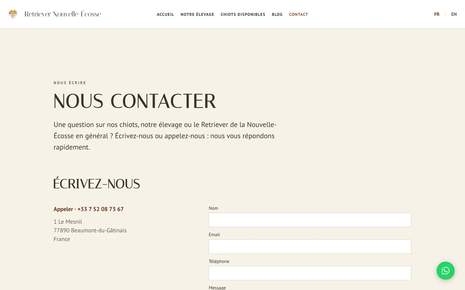 Refonte 2026, page de contact avec formulaire complet et appel direct