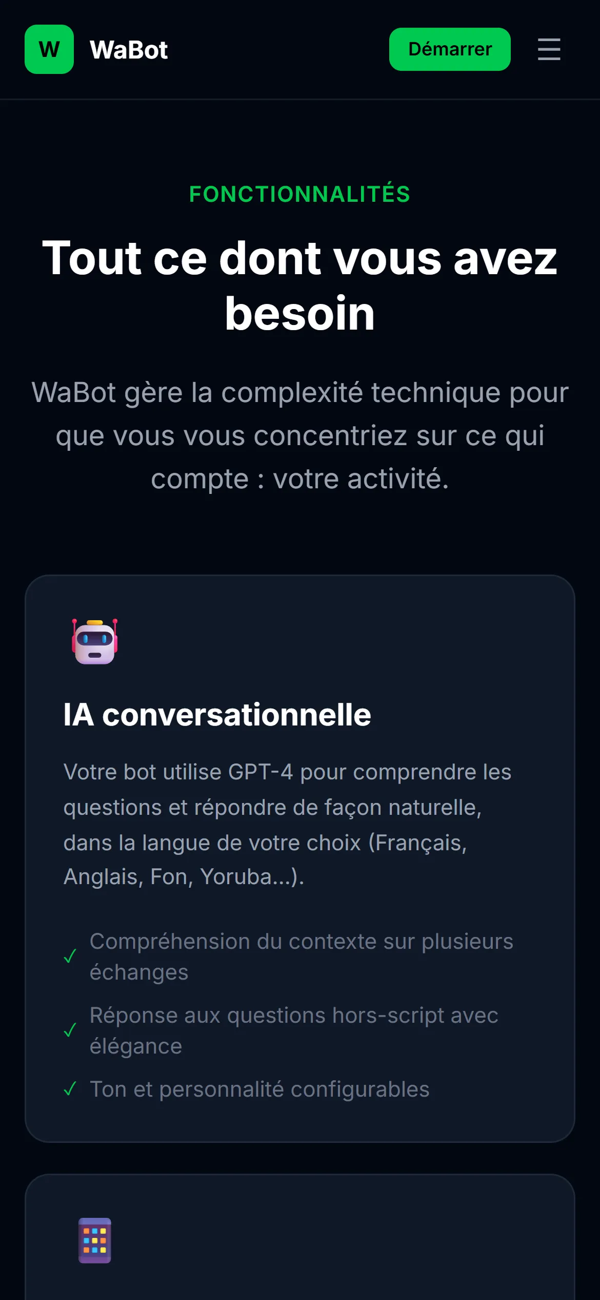 Fonctionnalités sur téléphone : chaque bloc devient une carte lisible en un défilement.