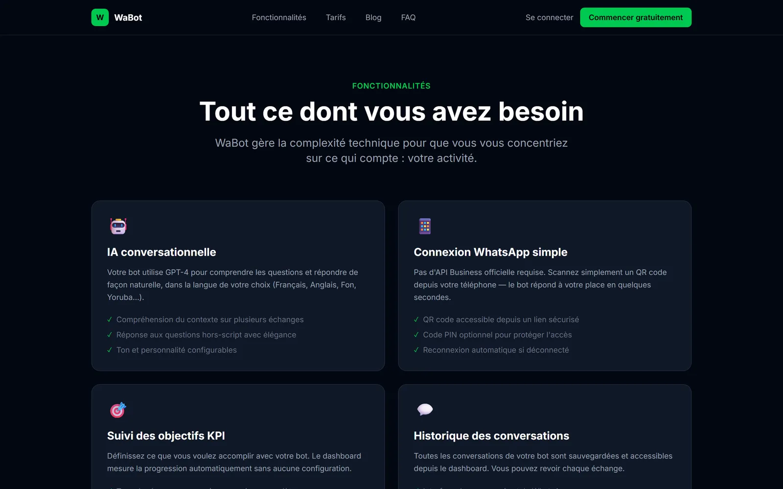 Page Fonctionnalités : IA conversationnelle, connexion par QR code, suivi des objectifs et historique des échanges.