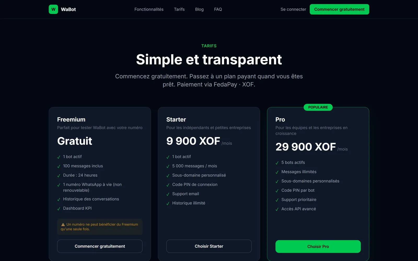 Page Tarifs : trois offres en XOF, paiement FedaPay et questions fréquentes sur la facturation.