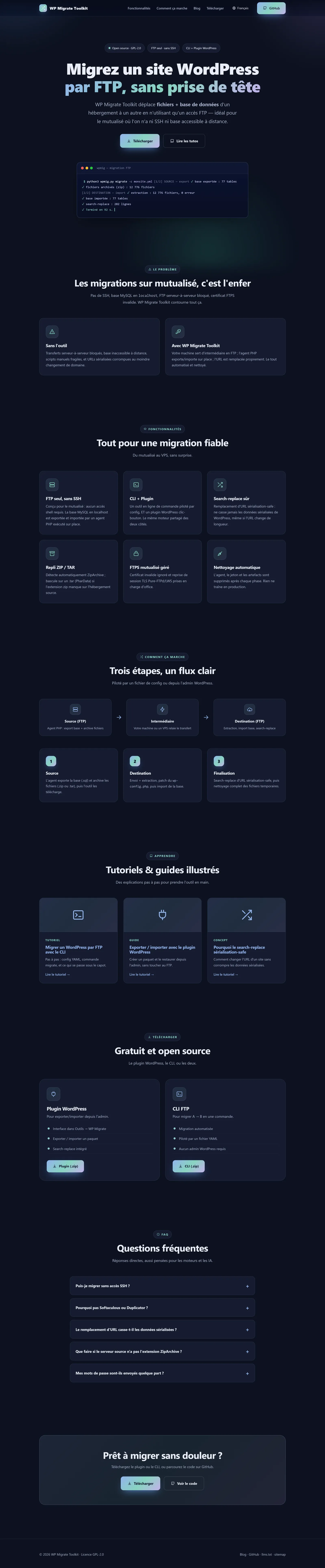 Page d'accueil complète : problème, fonctionnalités, fonctionnement en trois étapes, tutoriels, téléchargements et FAQ