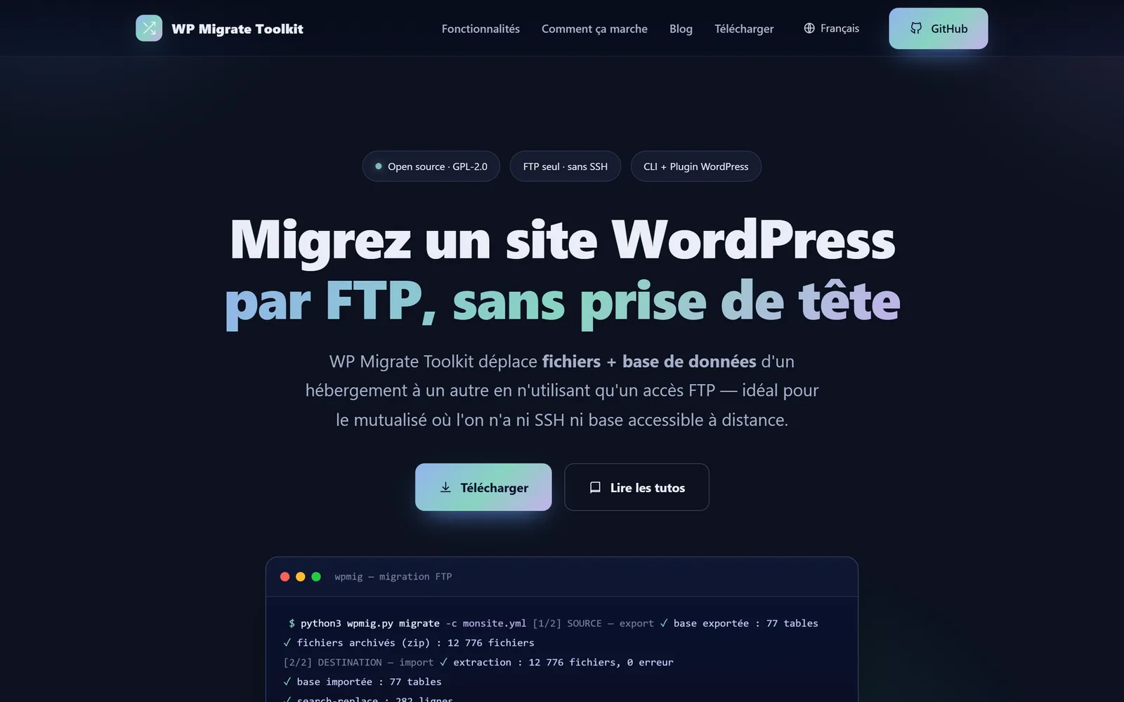 Page d'accueil : promesse de migration par FTP seul et terminal de démonstration