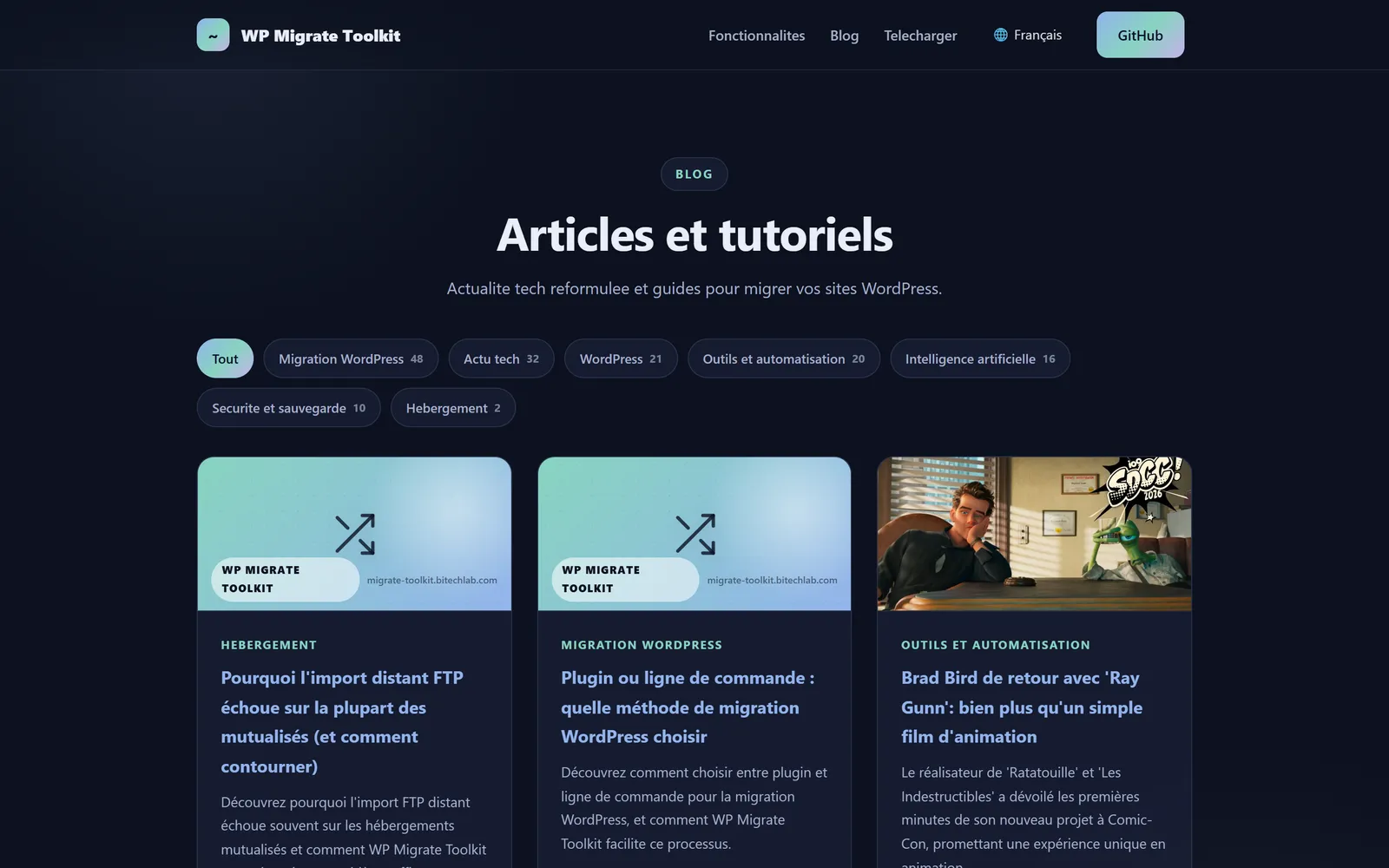 Blog : articles filtrables par catégorie, entre tutoriels de migration et actualité tech