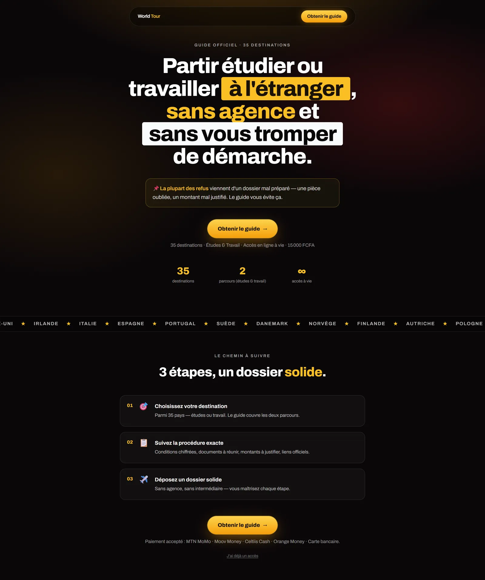 Vue complète de la page de vente, du problème posé aux formules et aux questions fréquentes.
