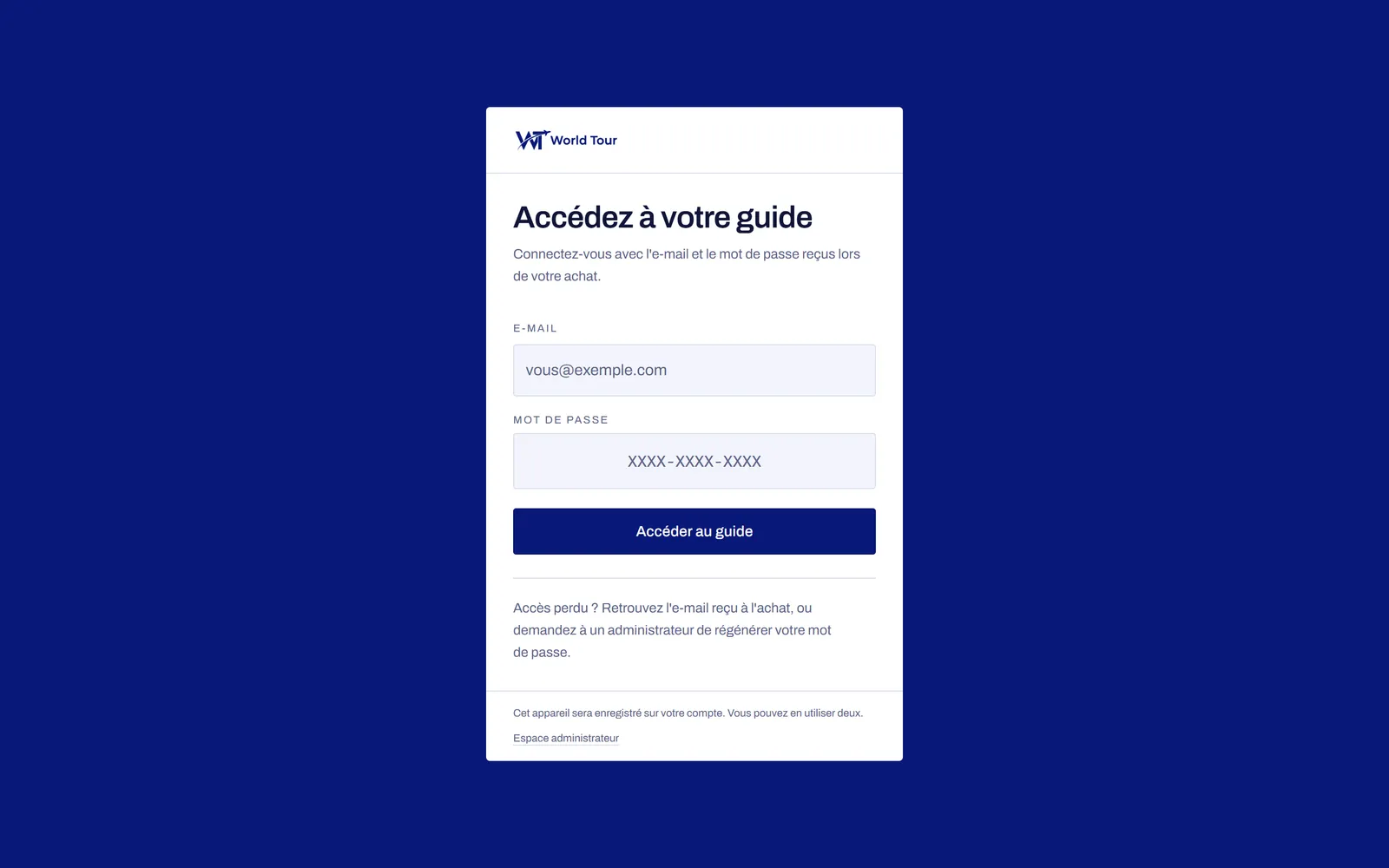 Accès au guide avec les identifiants reçus après le paiement.