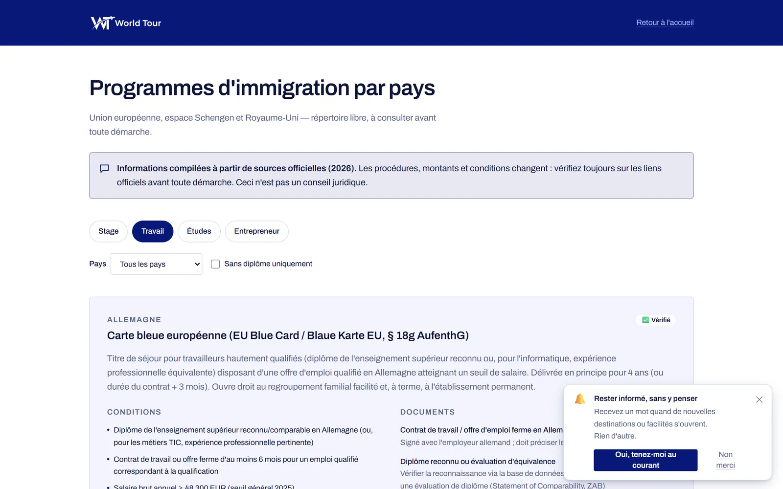Répertoire public des programmes, filtrable par intention, par pays et par niveau de diplôme.
